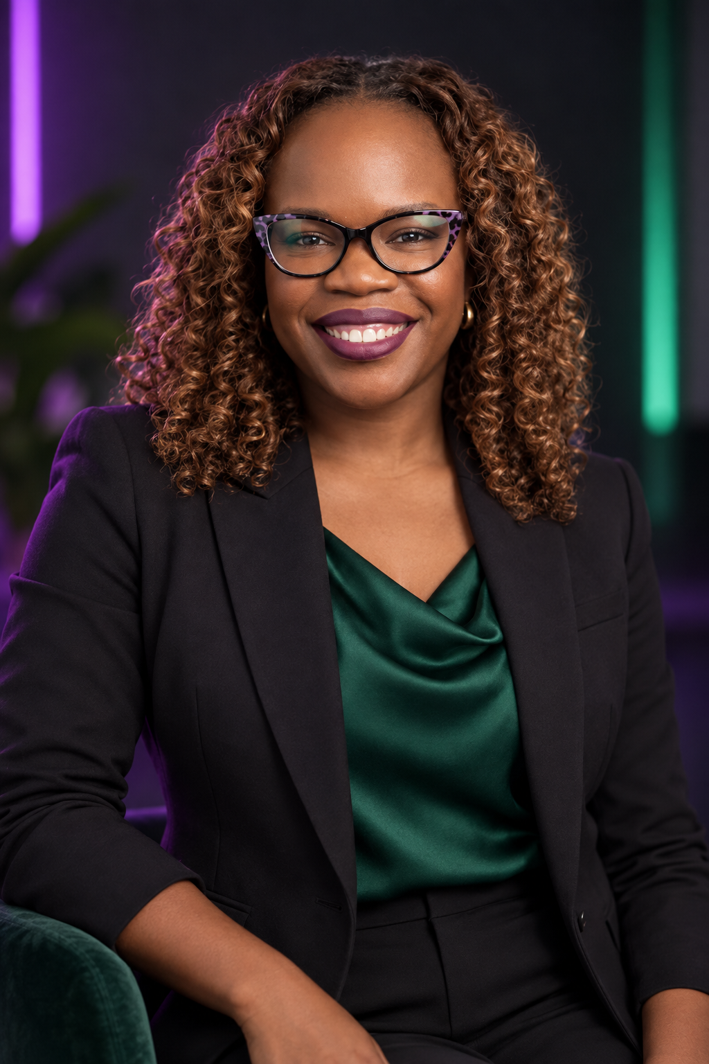 Karma Finances founder in a black blazer and green top, photographed with purple and green studio lighting