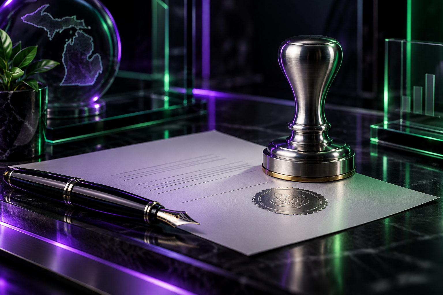 Metal notary stamp and pen in a black studio with purple and green accent lighting