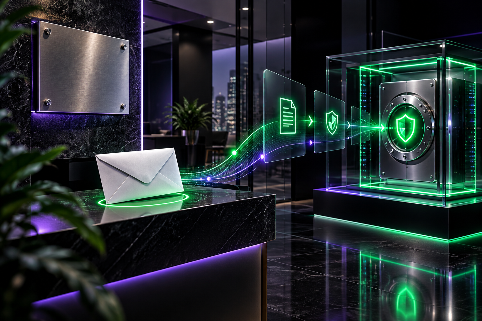 Secure business-document routing from an office envelope to a protected digital vault